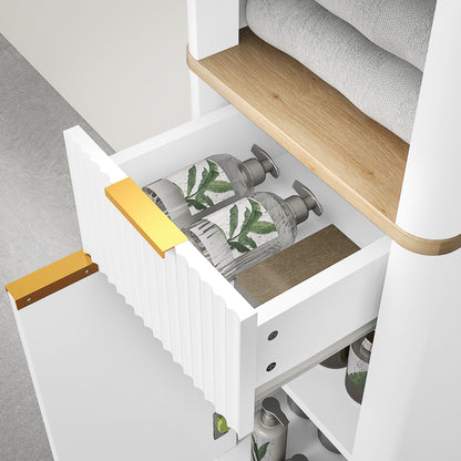 Bathroom Cabinet Column Bathroom Furniture with 3 Open Shelves, Drawer, and 2 Adjustable Shelves for Small Areas 33L x 30W x 170H cm White
