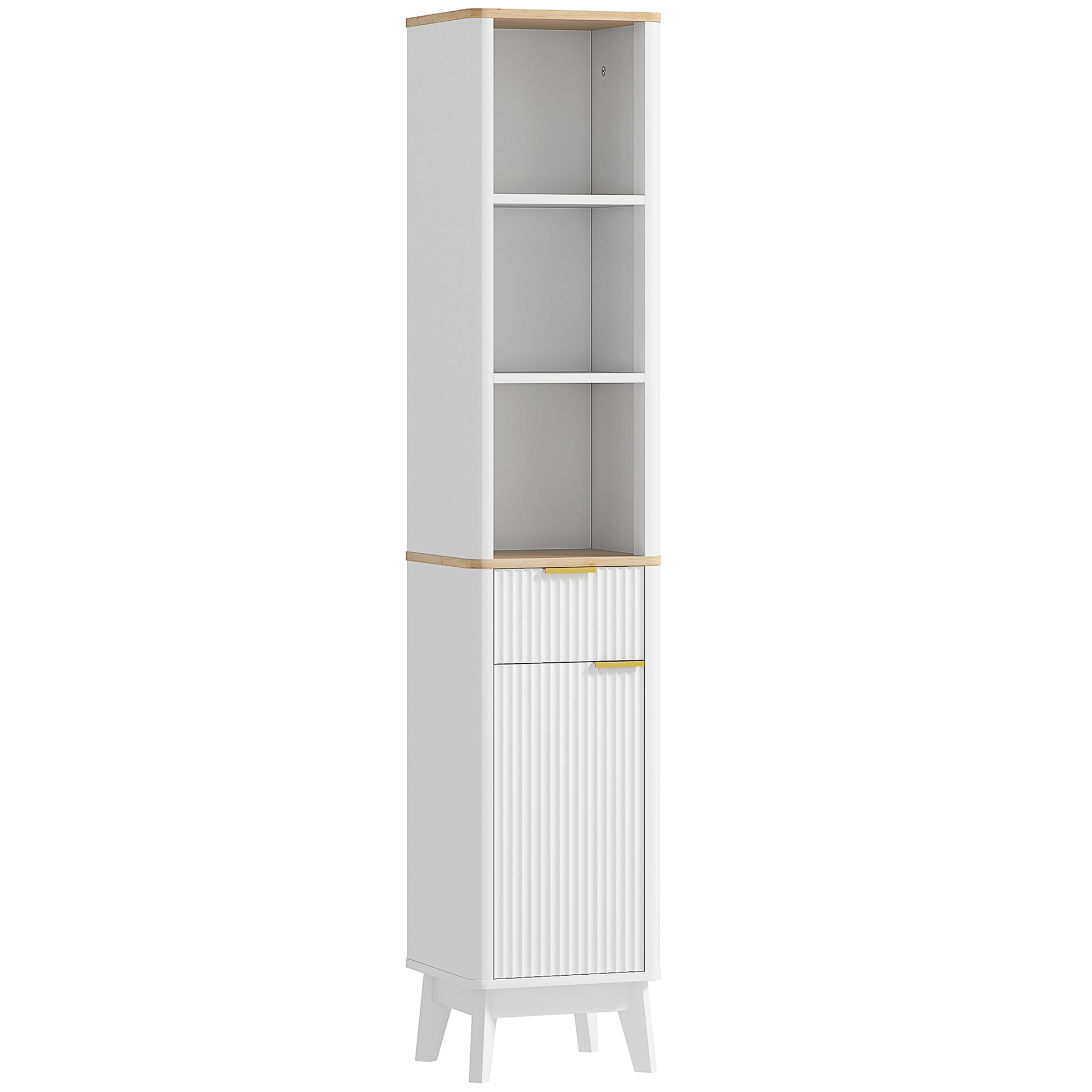 Bathroom Cabinet Column Bathroom Furniture with 3 Open Shelves, Drawer, and 2 Adjustable Shelves for Small Areas 33L x 30W x 170H cm White