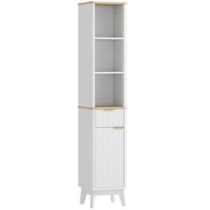 Bathroom Cabinet Column Bathroom Furniture with 3 Open Shelves, Drawer, and 2 Adjustable Shelves for Small Areas 33L x 30W x 170H cm White