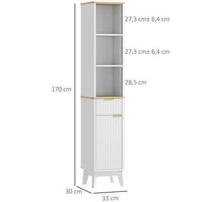 Bathroom Cabinet Column Bathroom Furniture with 3 Open Shelves, Drawer, and 2 Adjustable Shelves for Small Areas 33L x 30W x 170H cm White