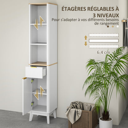 Bathroom Cabinet Column Bathroom Furniture with 3 Open Shelves, Drawer, and 2 Adjustable Shelves for Small Areas 33L x 30W x 170H cm White