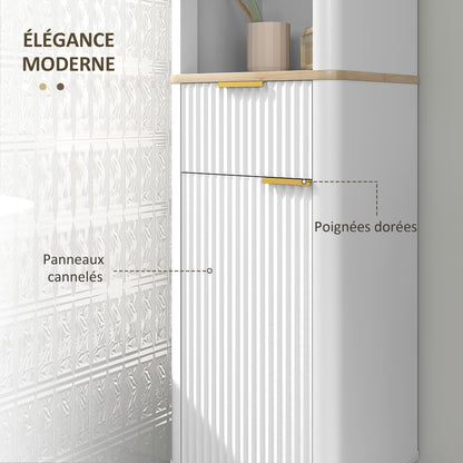 Bathroom Cabinet Column Bathroom Furniture with 3 Open Shelves, Drawer, and 2 Adjustable Shelves for Small Areas 33L x 30W x 170H cm White