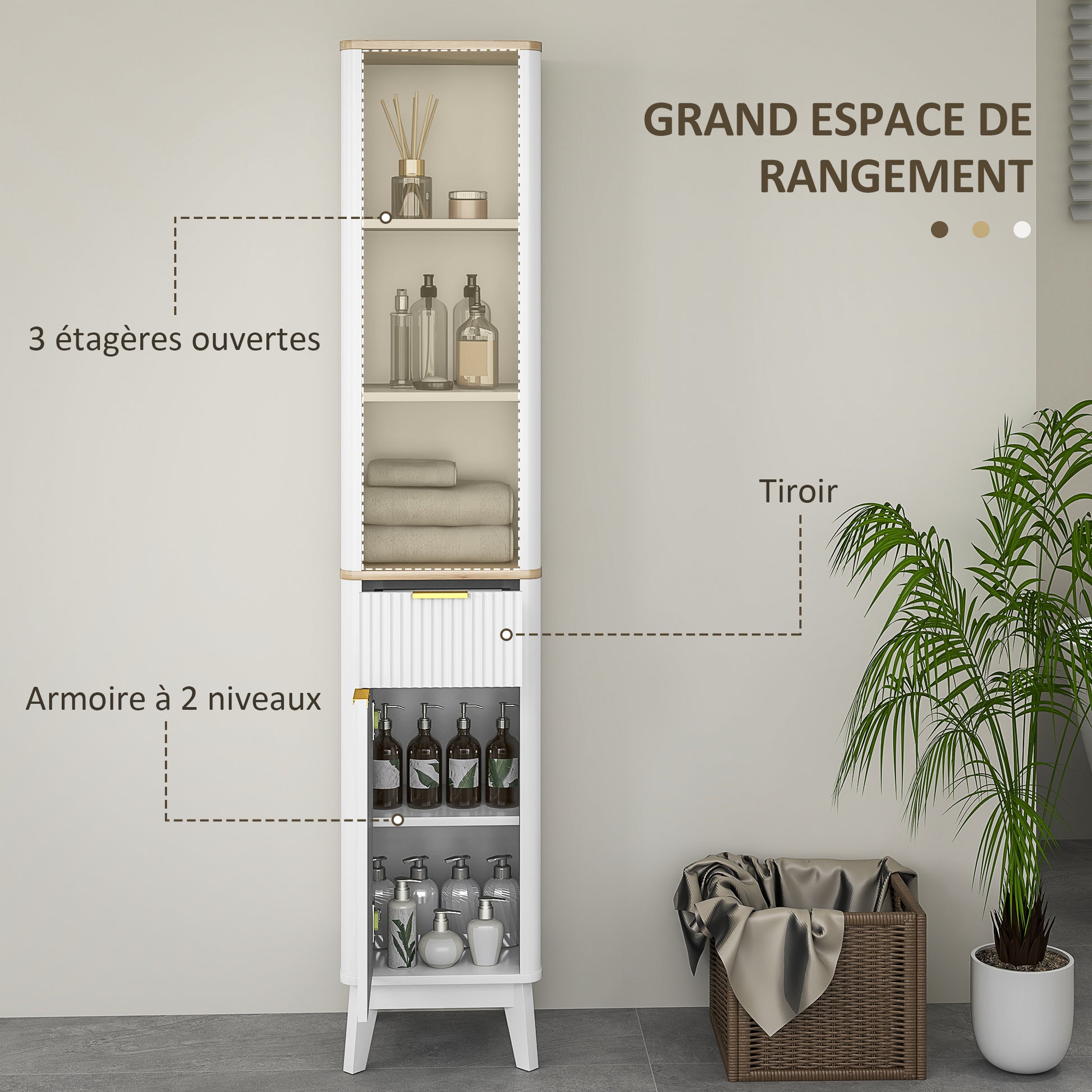 Bathroom Cabinet Column Bathroom Furniture with 3 Open Shelves, Drawer, and 2 Adjustable Shelves for Small Areas 33L x 30W x 170H cm White