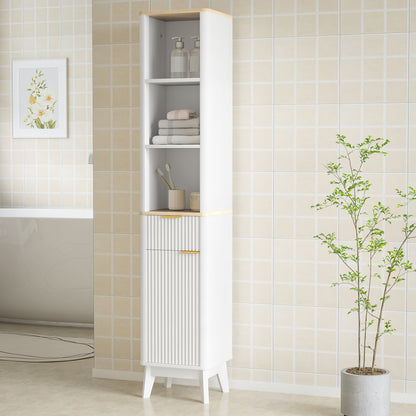 Bathroom Cabinet Column Bathroom Furniture with 3 Open Shelves, Drawer, and 2 Adjustable Shelves for Small Areas 33L x 30W x 170H cm White