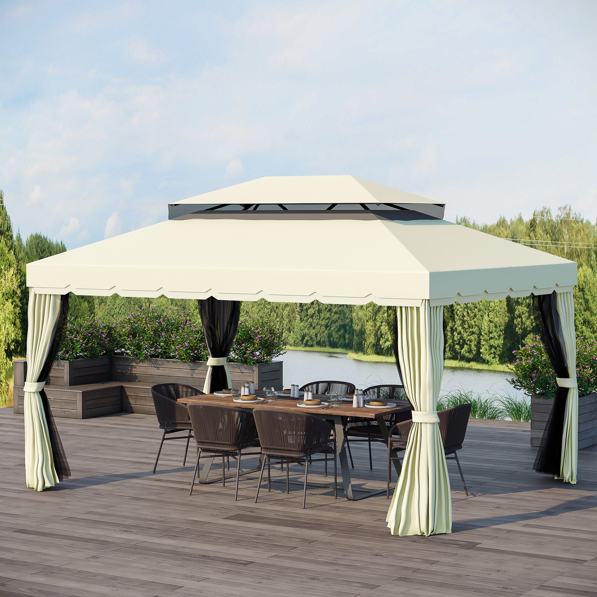 Garden Gazebo Marquee Pavilion Double Roof with Removable Walls and Mosquito Nets 4 x 3 m Cream