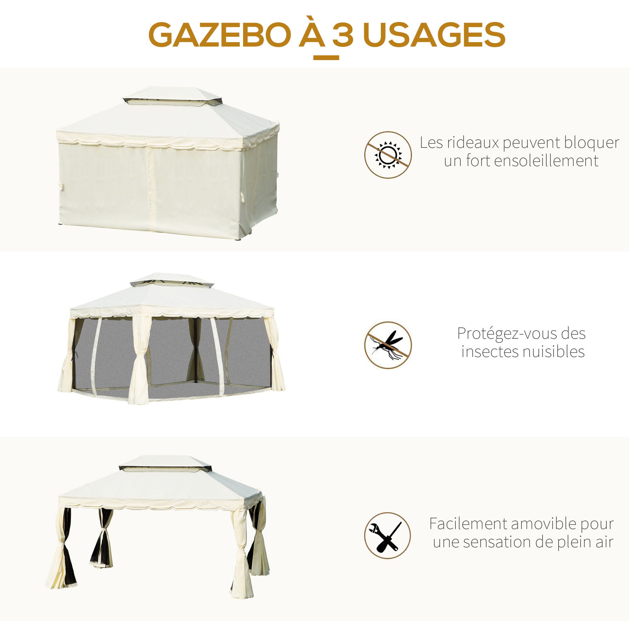 Garden Gazebo Marquee Pavilion Double Roof with Removable Walls and Mosquito Nets 4 x 3 m Cream