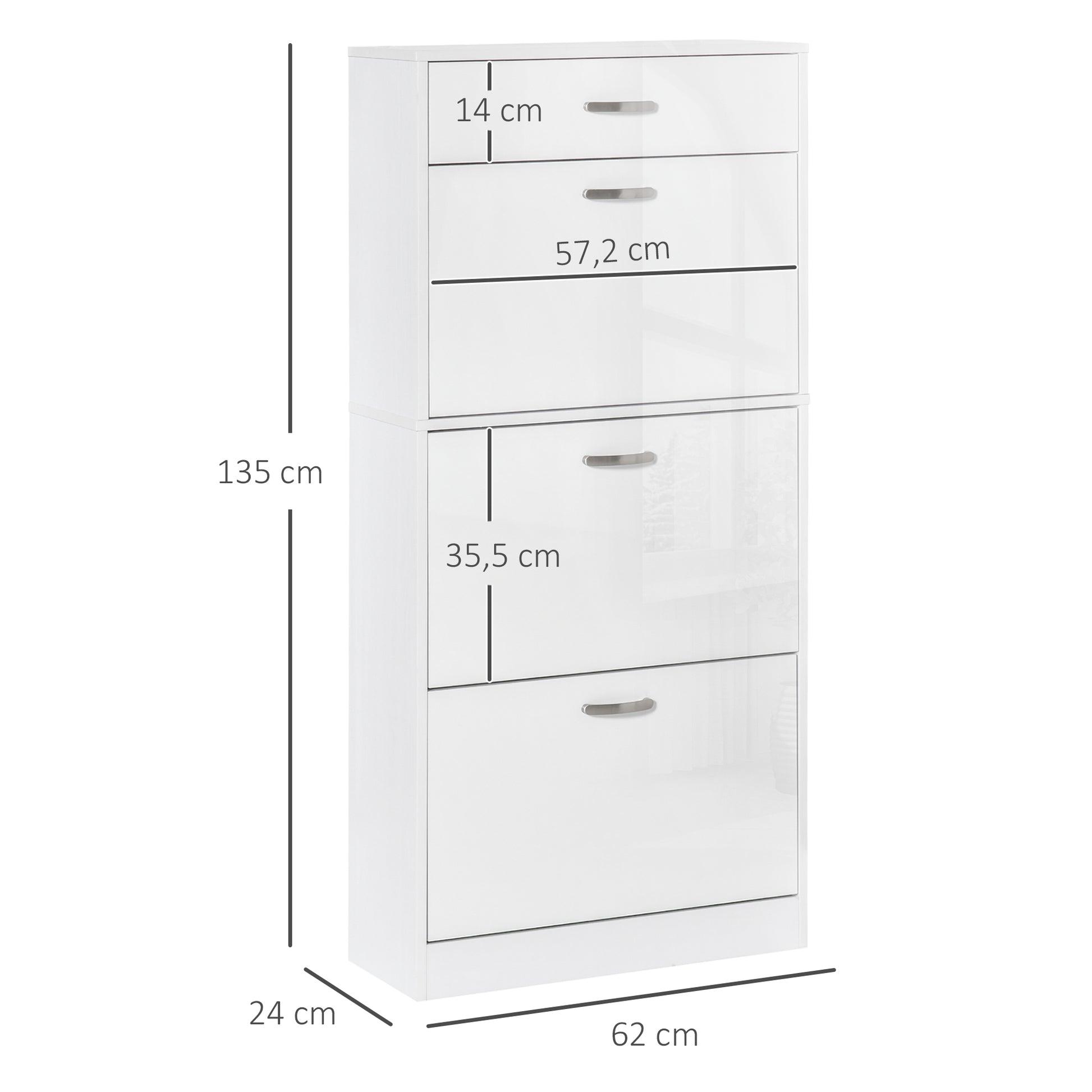 Shoe Cabinet - 3 Folding Doors and Sliding Drawer - dim. 62L x 24W x 135H cm - aluminum handles. Particle Board White