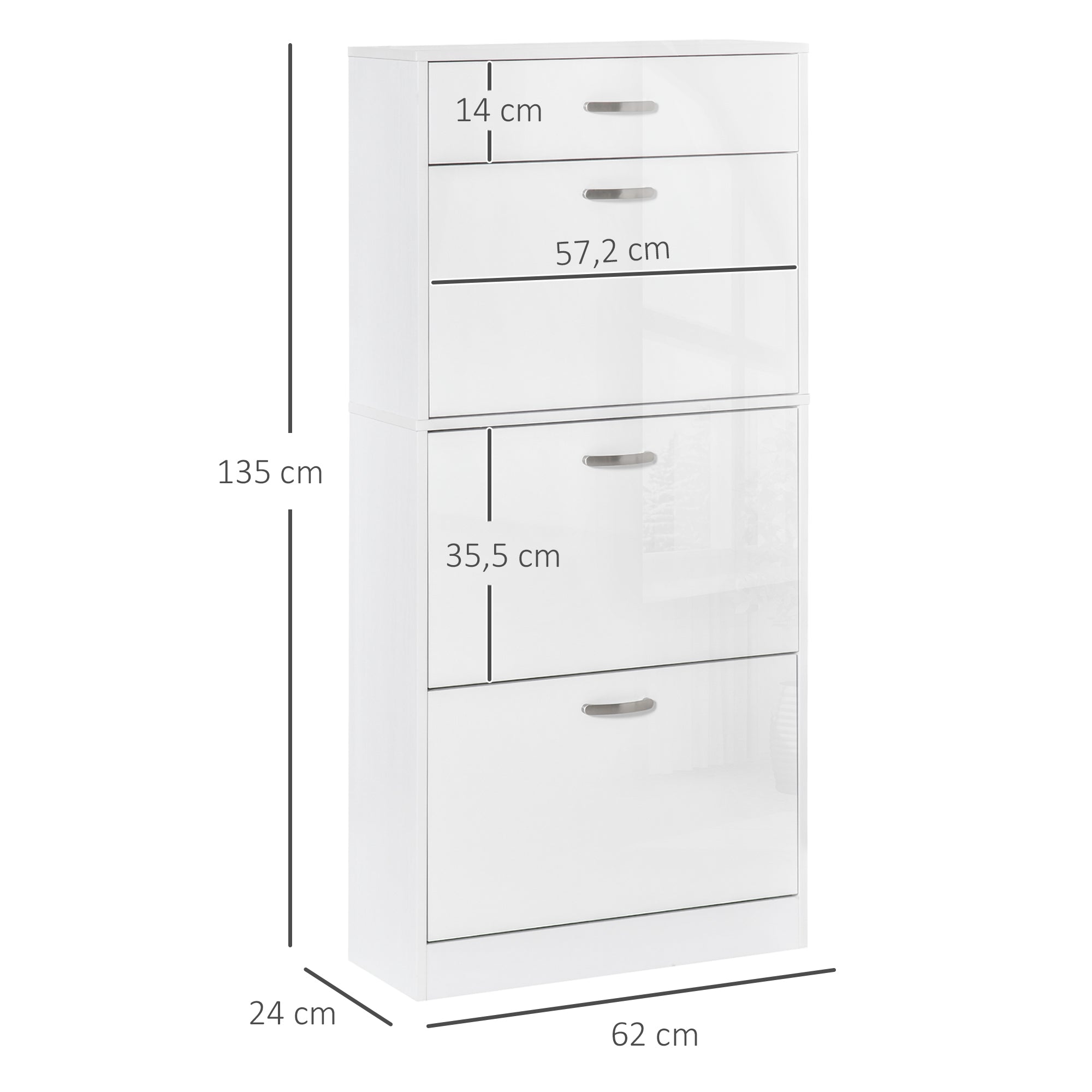 Shoe Cabinet - 3 Folding Doors and Sliding Drawer - dim. 62L x 24W x 135H cm - aluminum handles. Particle Board White