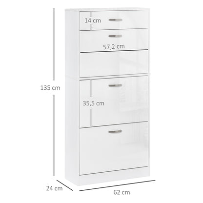 Shoe Cabinet - 3 Folding Doors and Sliding Drawer - dim. 62L x 24W x 135H cm - aluminum handles. Particle Board White