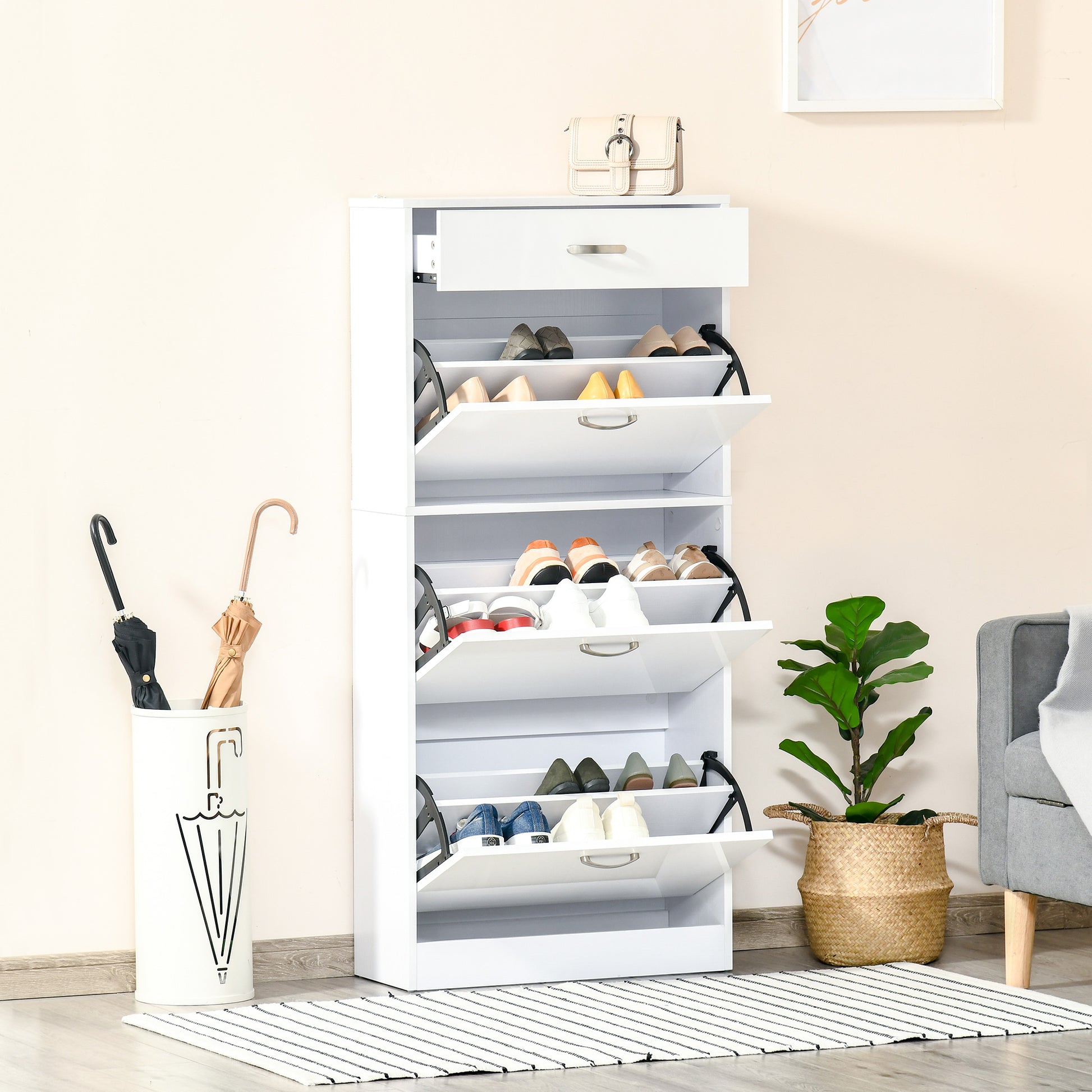 Shoe Cabinet - 3 Folding Doors and Sliding Drawer - dim. 62L x 24W x 135H cm - aluminum handles. Particle Board White