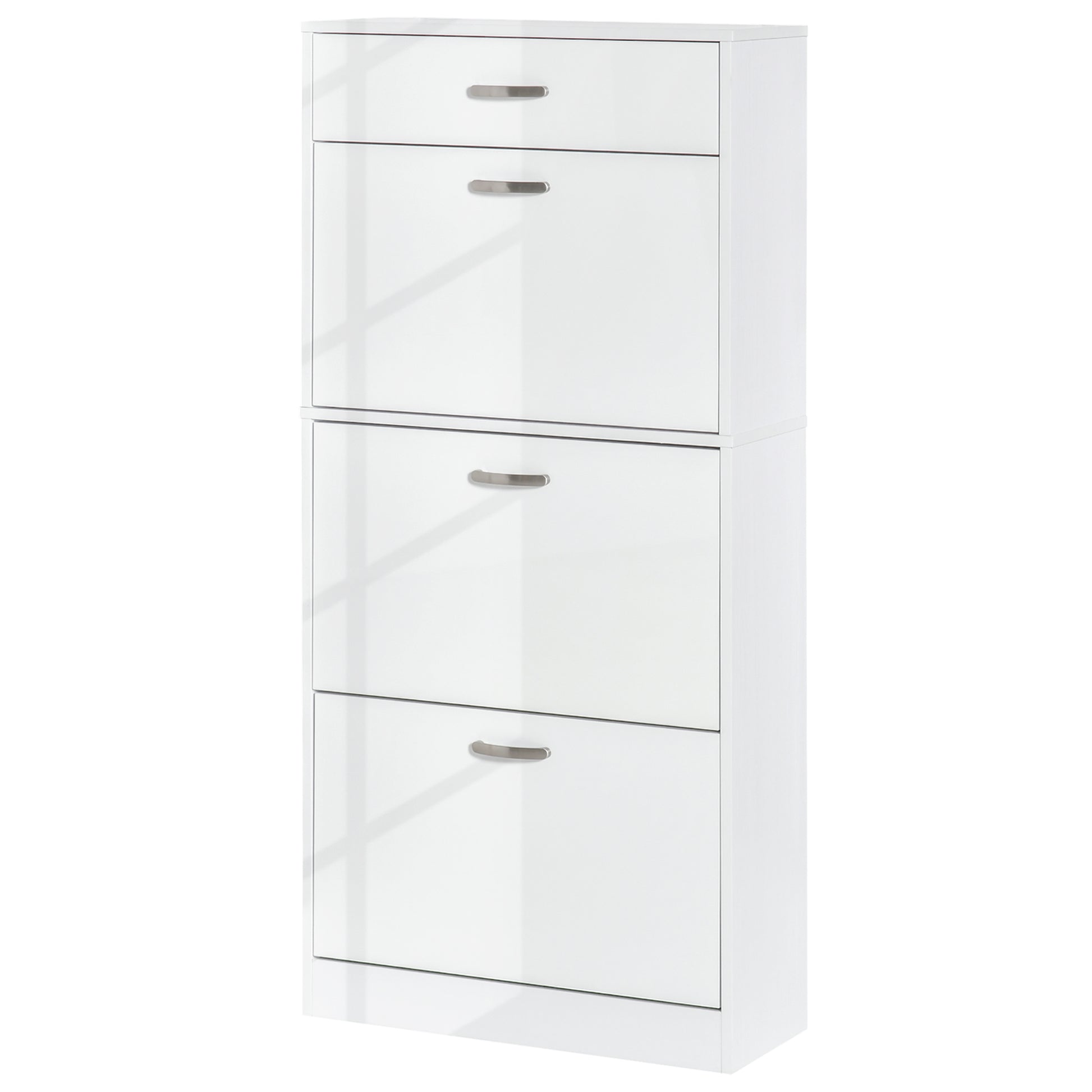 Shoe Cabinet - 3 Folding Doors and Sliding Drawer - dim. 62L x 24W x 135H cm - aluminum handles. Particle Board White
