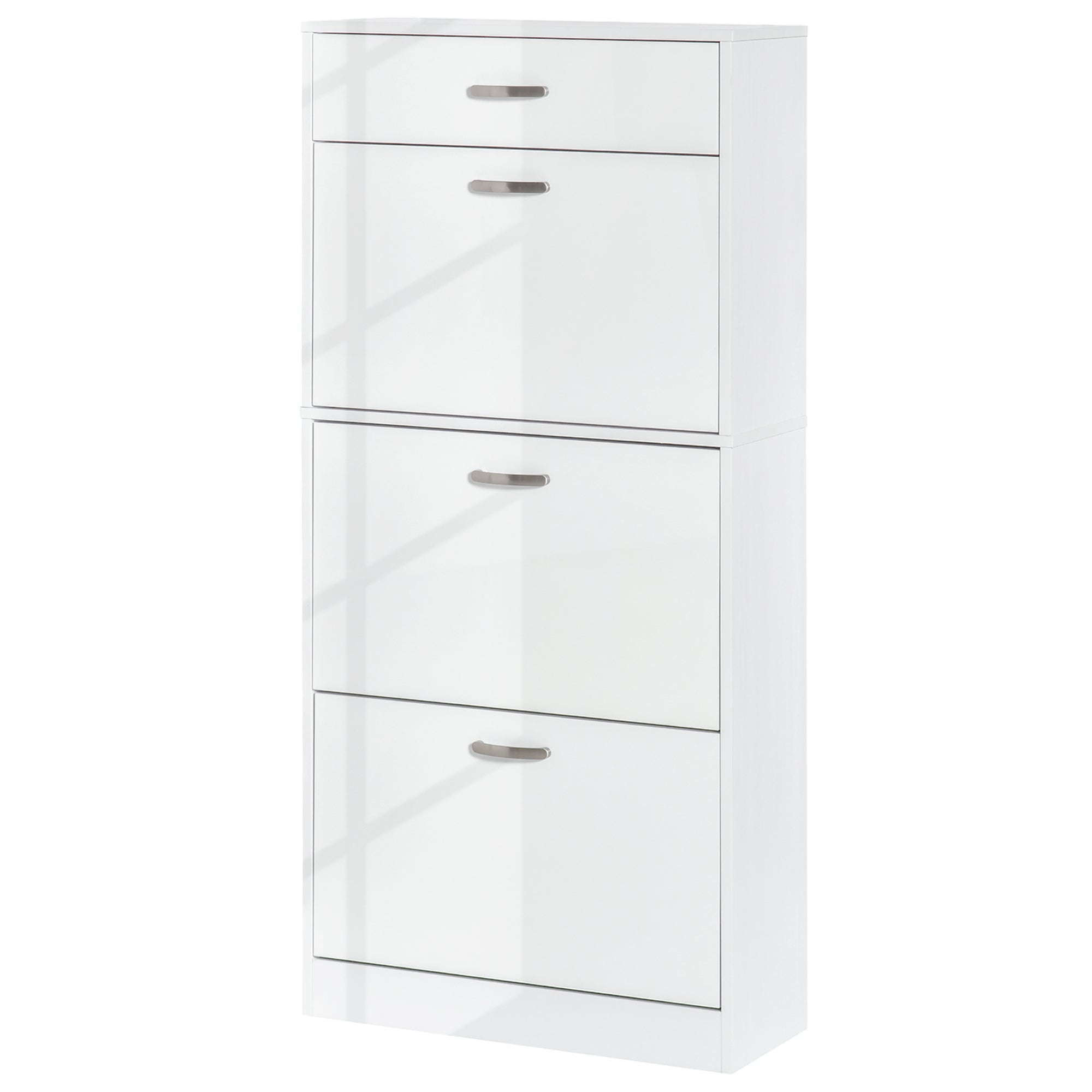 Shoe Cabinet - 3 Folding Doors and Sliding Drawer - dim. 62L x 24W x 135H cm - aluminum handles. Particle Board White