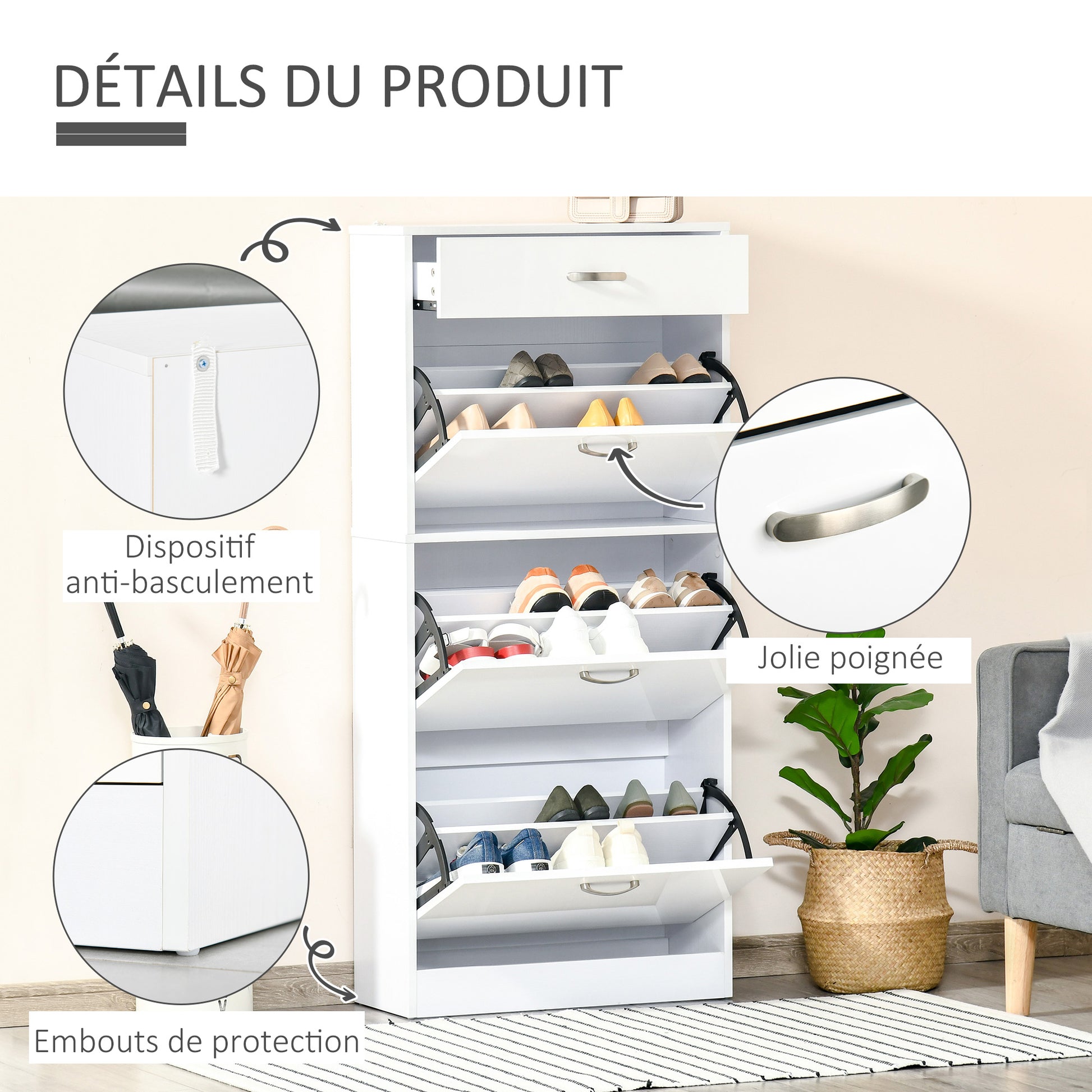 Shoe Cabinet - 3 Folding Doors and Sliding Drawer - dim. 62L x 24W x 135H cm - aluminum handles. Particle Board White