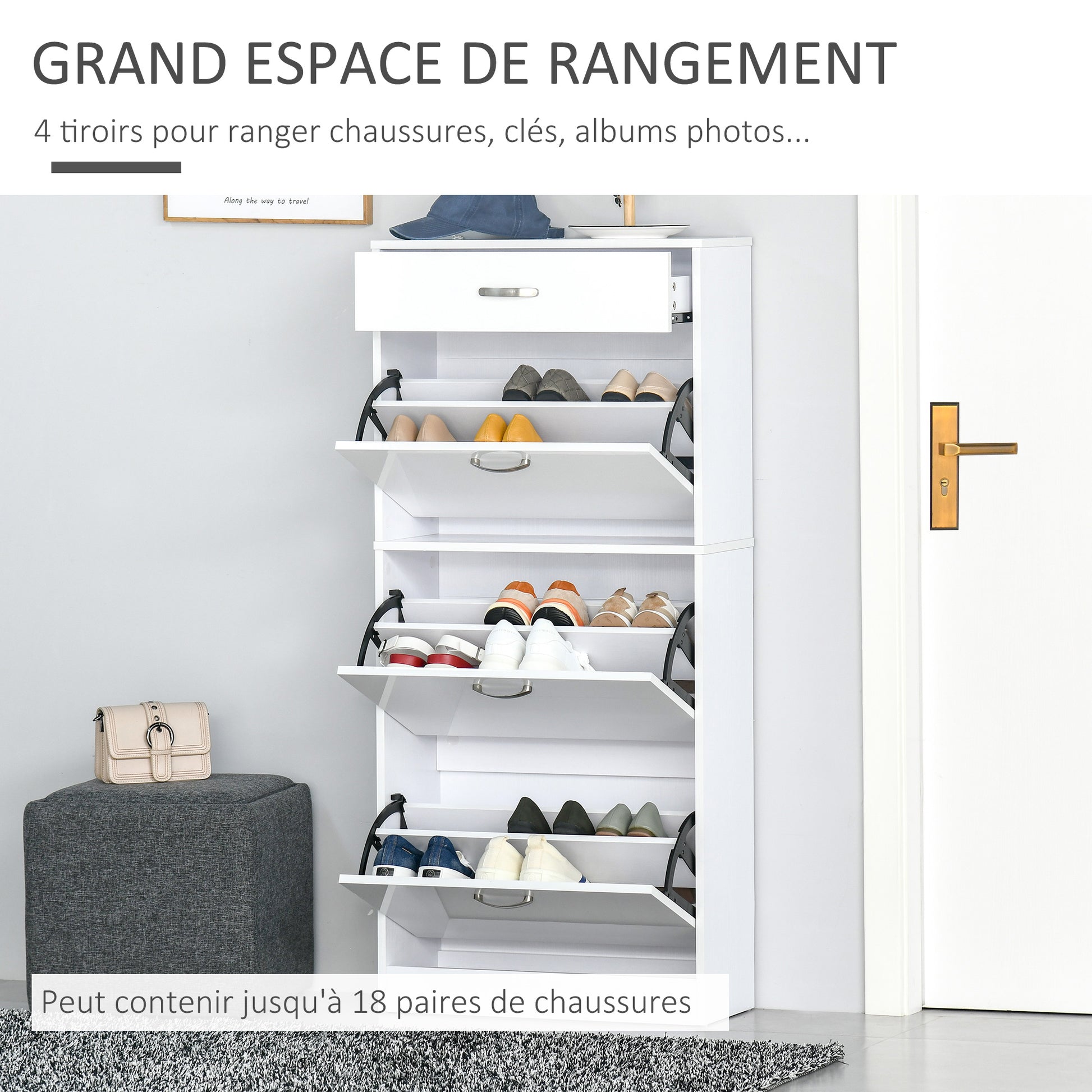 Shoe Cabinet - 3 Folding Doors and Sliding Drawer - dim. 62L x 24W x 135H cm - aluminum handles. Particle Board White