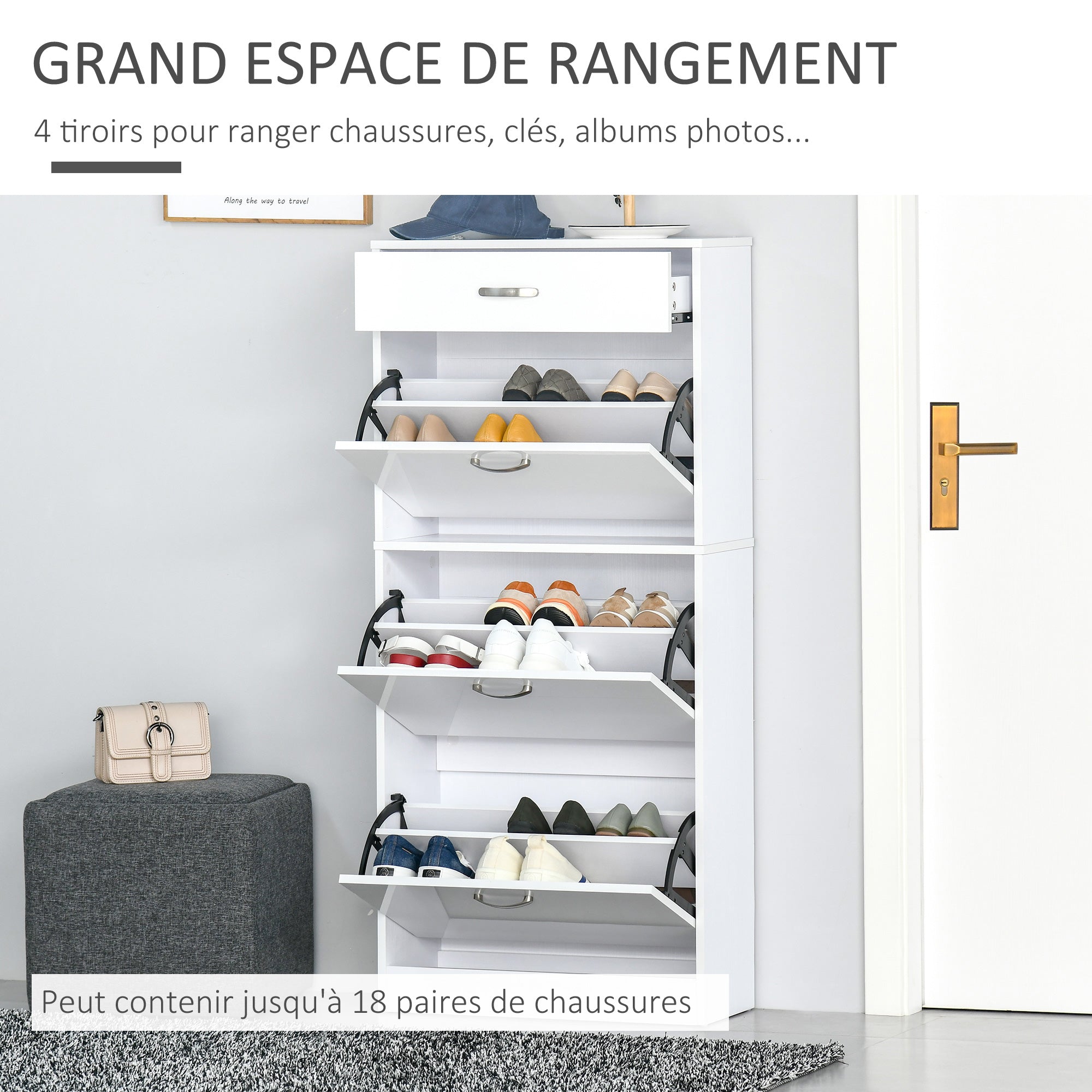 Shoe Cabinet - 3 Folding Doors and Sliding Drawer - dim. 62L x 24W x 135H cm - aluminum handles. Particle Board White