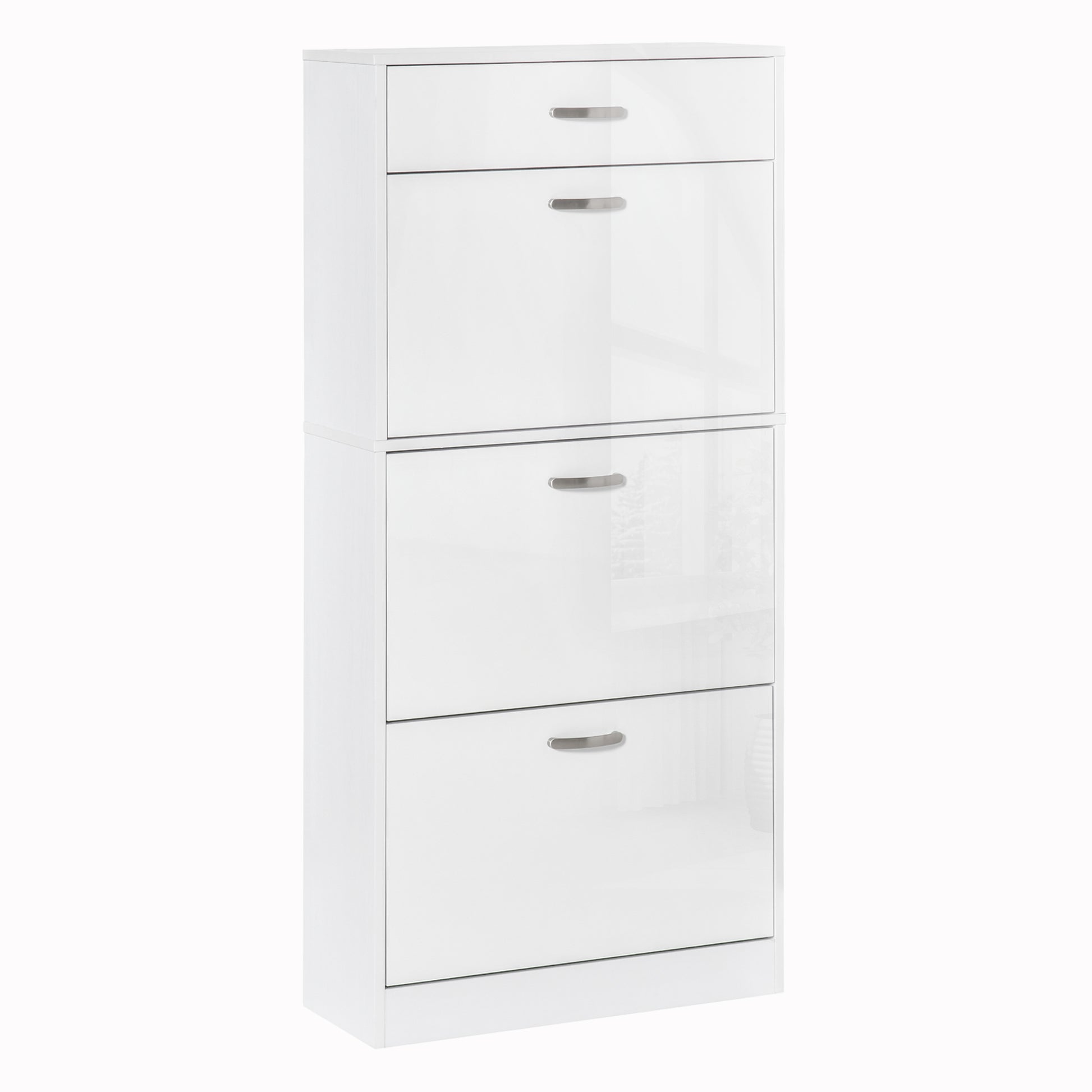 Shoe Cabinet - 3 Folding Doors and Sliding Drawer - dim. 62L x 24W x 135H cm - aluminum handles. Particle Board White