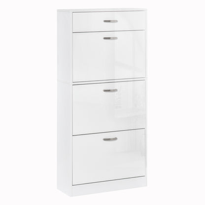 Shoe Cabinet - 3 Folding Doors and Sliding Drawer - dim. 62L x 24W x 135H cm - aluminum handles. Particle Board White