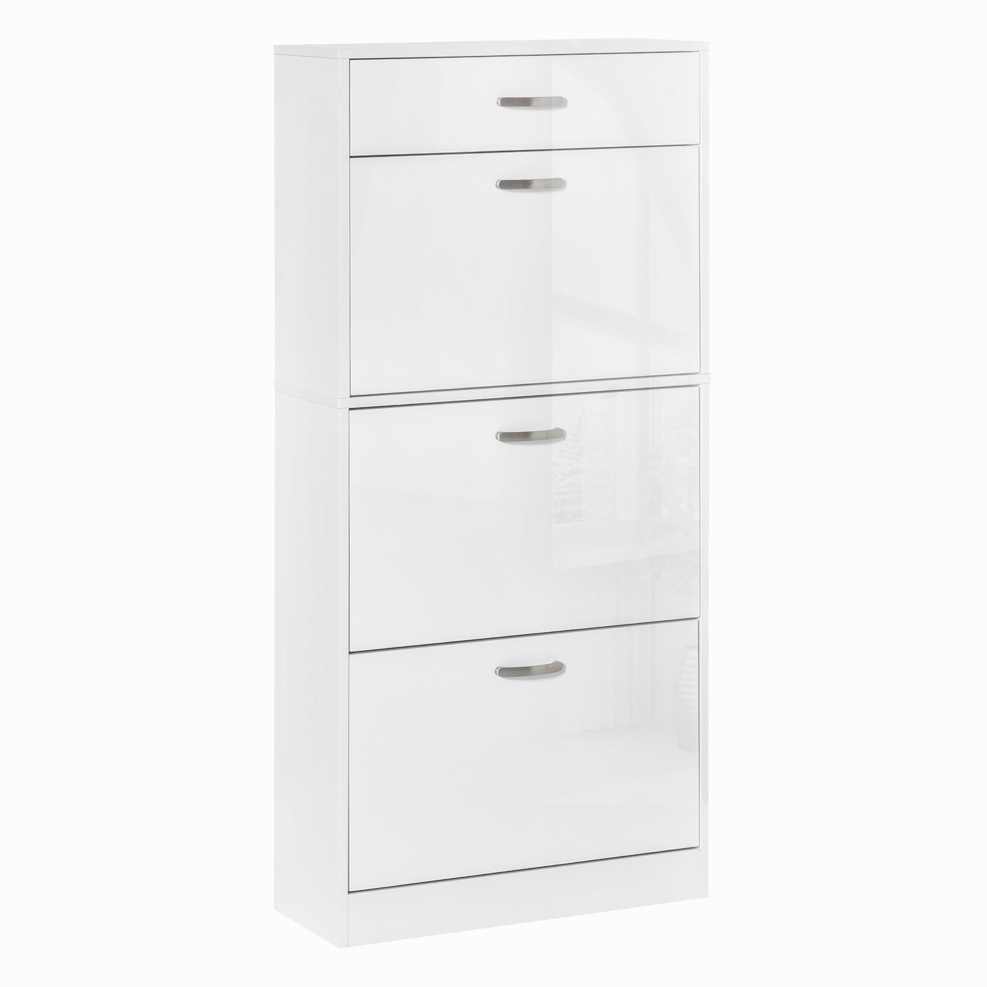 Shoe Cabinet - 3 Folding Doors and Sliding Drawer - dim. 62L x 24W x 135H cm - aluminum handles. Particle Board White