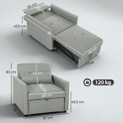 3-in-1 Convertible Sleeper Chair — Adjustable Backrest, Wide Seat, Lumbar Pillow, Linen-Look Sofa Bed, Gray