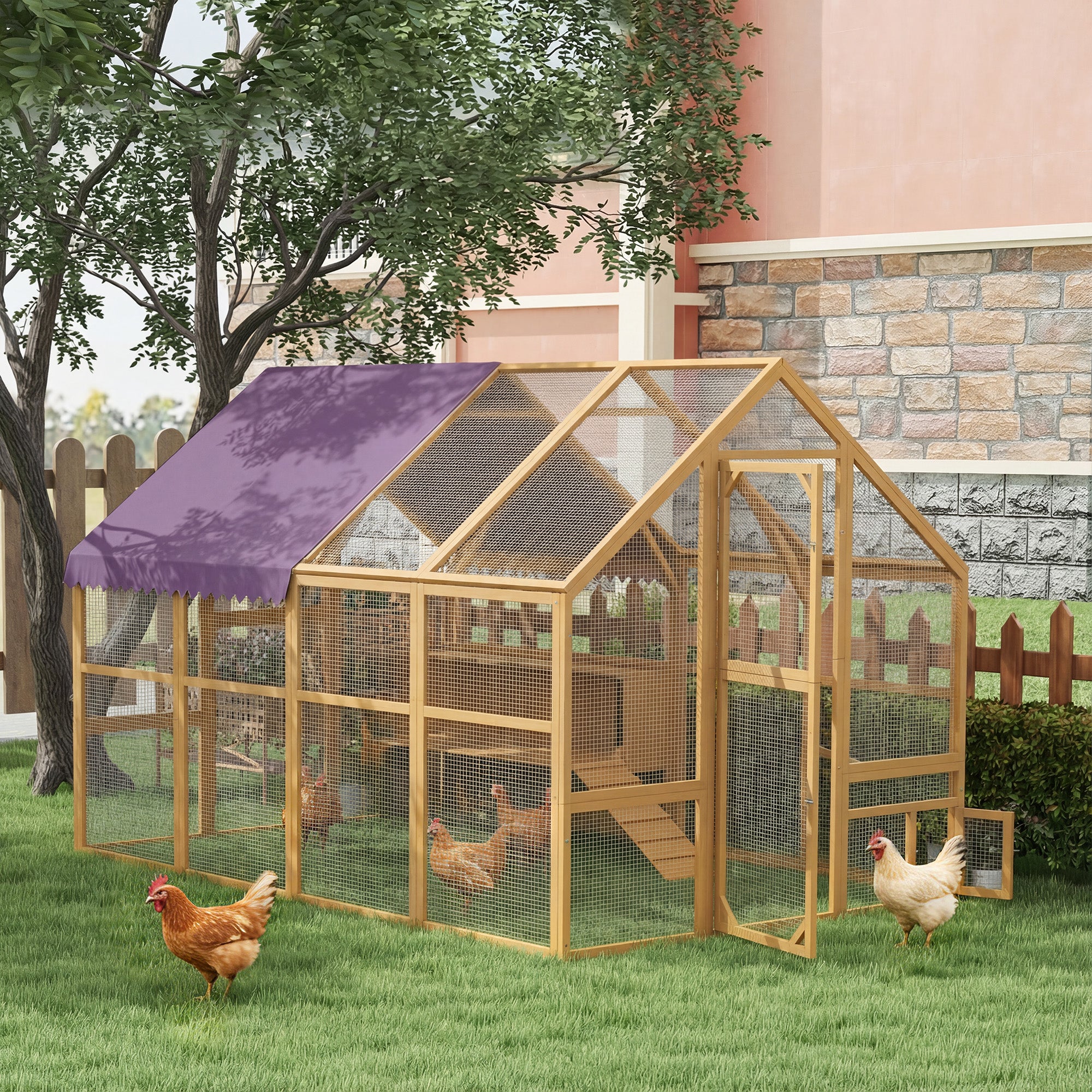 Wooden Chicken Run, approx. 56 sq ft (9'2" x 6'1" x 6'2") Outdoor Run with Covered Area, Lockable Door, Ramp, 4 Nesting Boxes — Yellow (Fits 8–12 Hens)