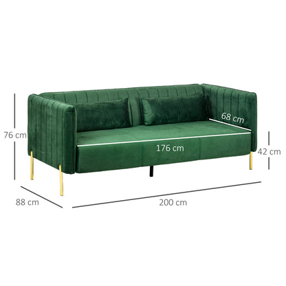 3-Seater Space-Saving Sofa with Padded Cushions, Modern Sofa with Steel Legs and Velvet Fabric, 200x88x76 cm, Green