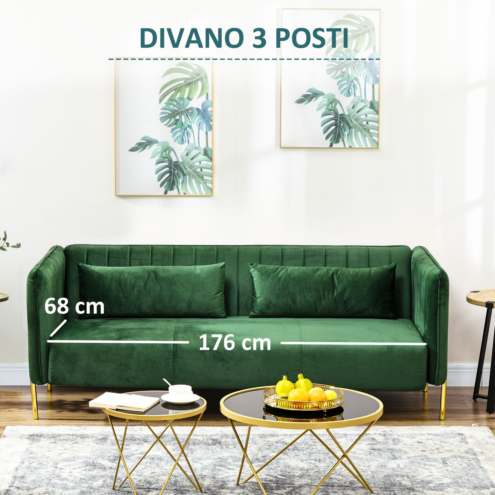 3-Seater Space-Saving Sofa with Padded Cushions, Modern Sofa with Steel Legs and Velvet Fabric, 200x88x76 cm, Green