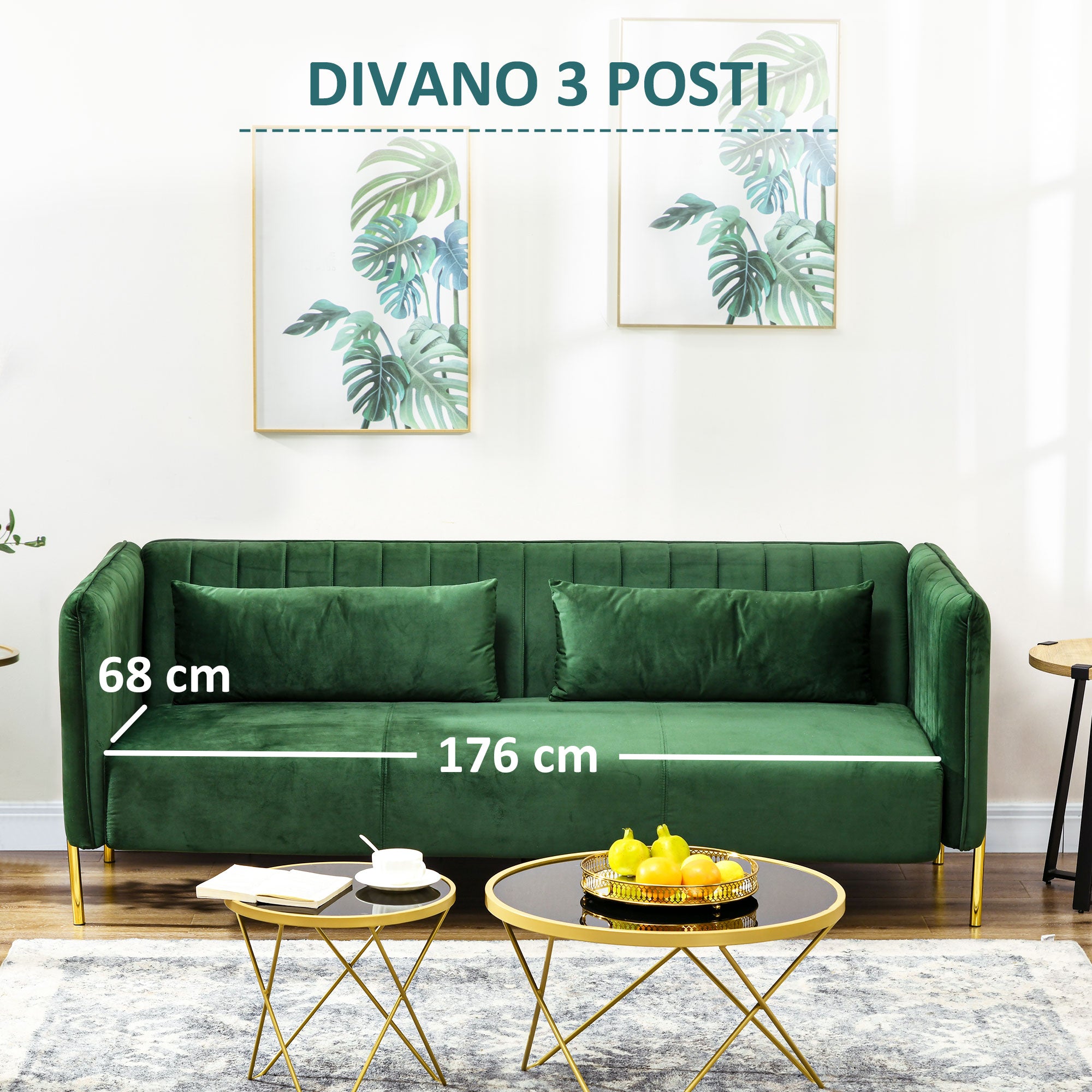 3-Seater Space-Saving Sofa with Padded Cushions, Modern Sofa with Steel Legs and Velvet Fabric, 200x88x76 cm, Green