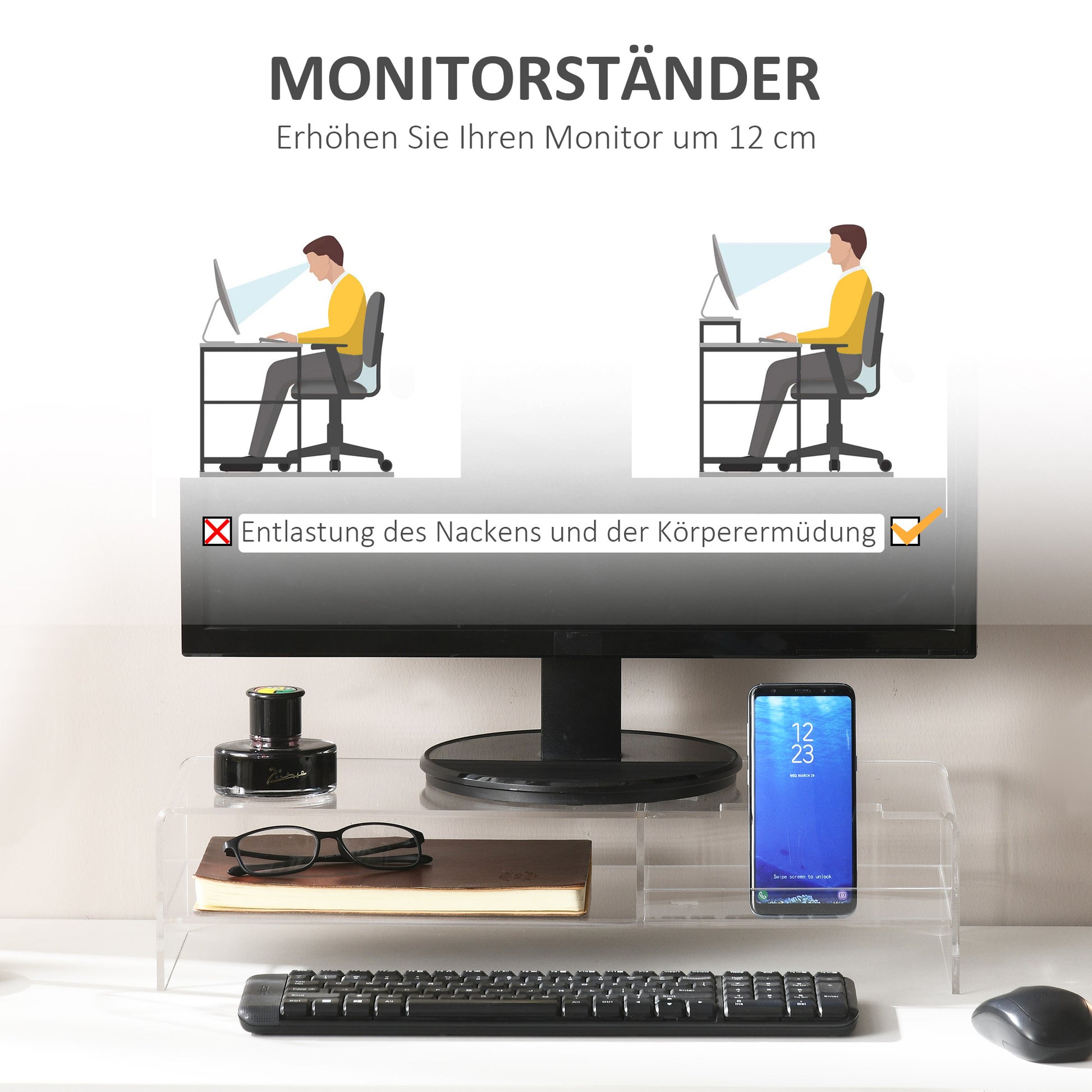 Monitor Stand Screen Riser with Storage Compartment, Monitor Riser for Monitors up to 24 Inches, Desk Stand for Computer, PC, Laptop up to 5kg, Acrylic, 50.8 x 19 x 12 cm