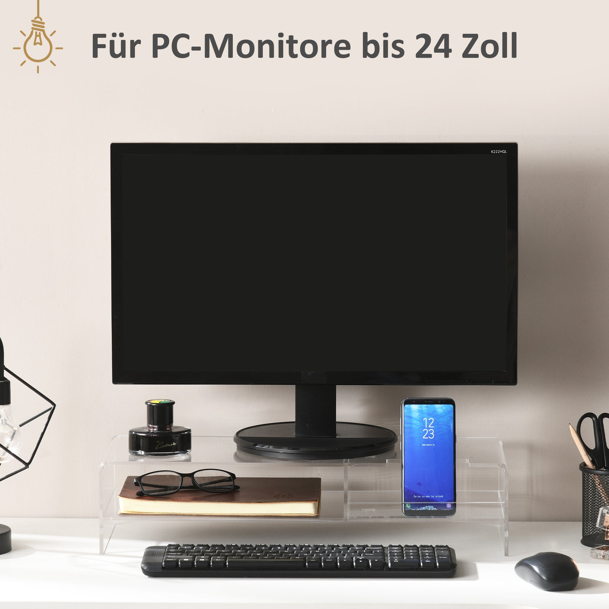 Monitor Stand Screen Riser with Storage Compartment, Monitor Riser for Monitors up to 24 Inches, Desk Stand for Computer, PC, Laptop up to 5kg, Acrylic, 50.8 x 19 x 12 cm