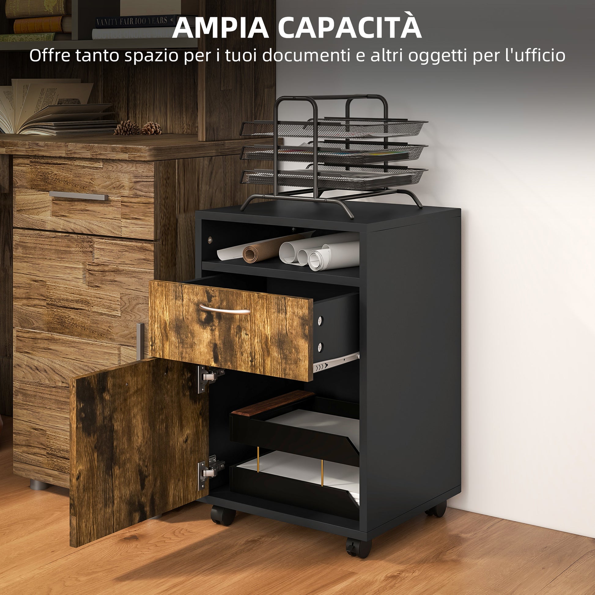 Office Document Holder Chest of Drawers with 4 Wheels, Open Shelf and 2 Drawers, Wooden and Metal Office Cabinet, 40x35x60 cm, Brown and Black