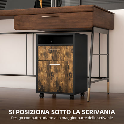 Office Document Holder Chest of Drawers with 4 Wheels, Open Shelf and 2 Drawers, Wooden and Metal Office Cabinet, 40x35x60 cm, Brown and Black