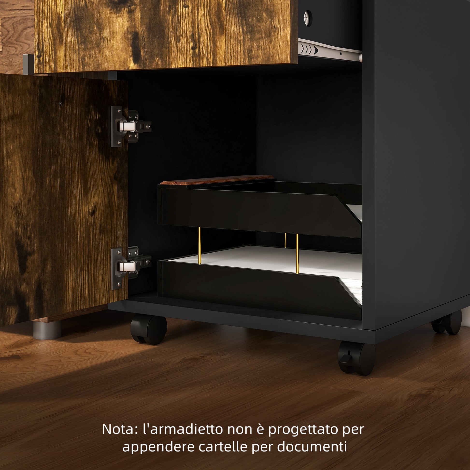 Office Document Holder Chest of Drawers with 4 Wheels, Open Shelf and 2 Drawers, Wooden and Metal Office Cabinet, 40x35x60 cm, Brown and Black