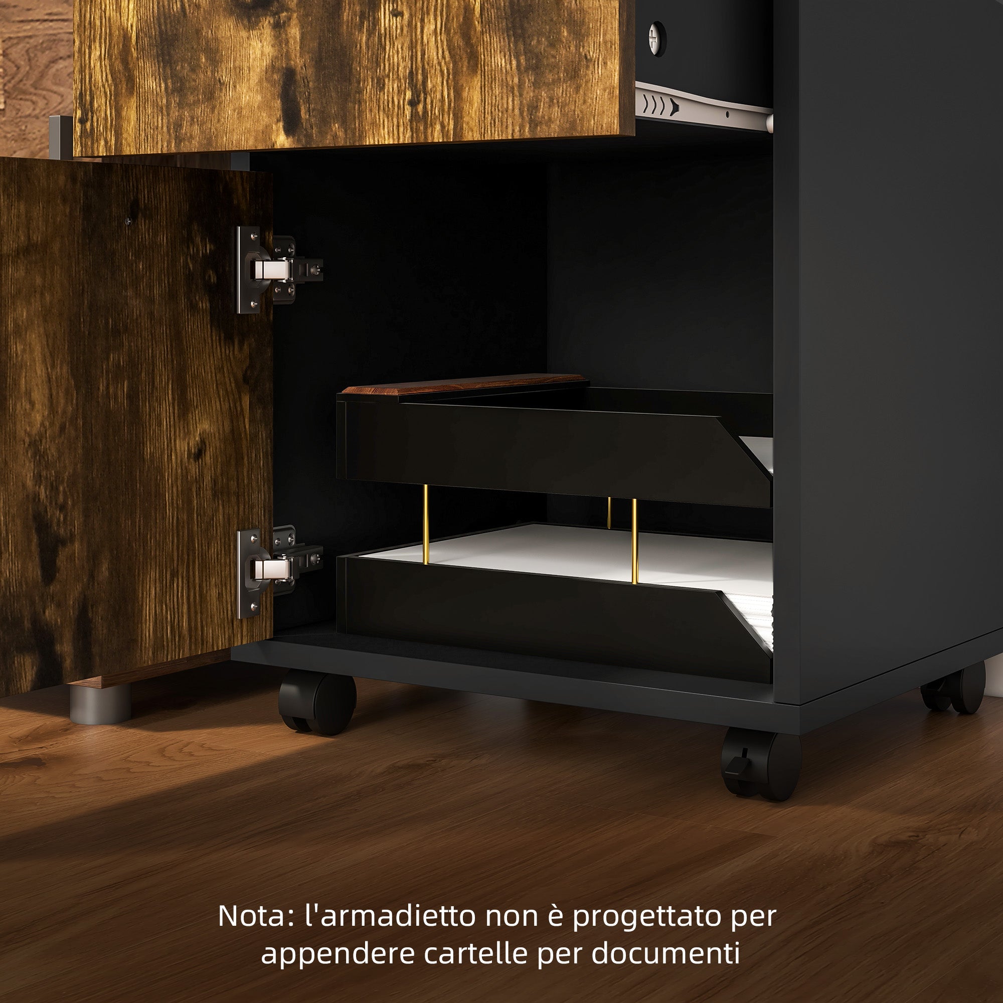 Office Document Holder Chest of Drawers with 4 Wheels, Open Shelf and 2 Drawers, Wooden and Metal Office Cabinet, 40x35x60 cm, Brown and Black