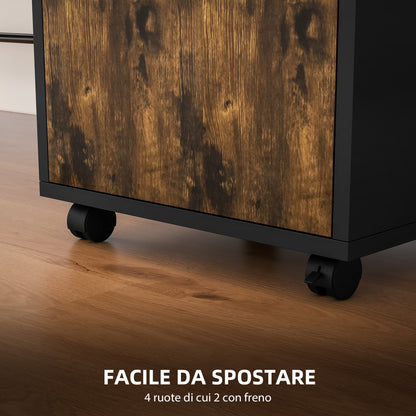 Office Document Holder Chest of Drawers with 4 Wheels, Open Shelf and 2 Drawers, Wooden and Metal Office Cabinet, 40x35x60 cm, Brown and Black
