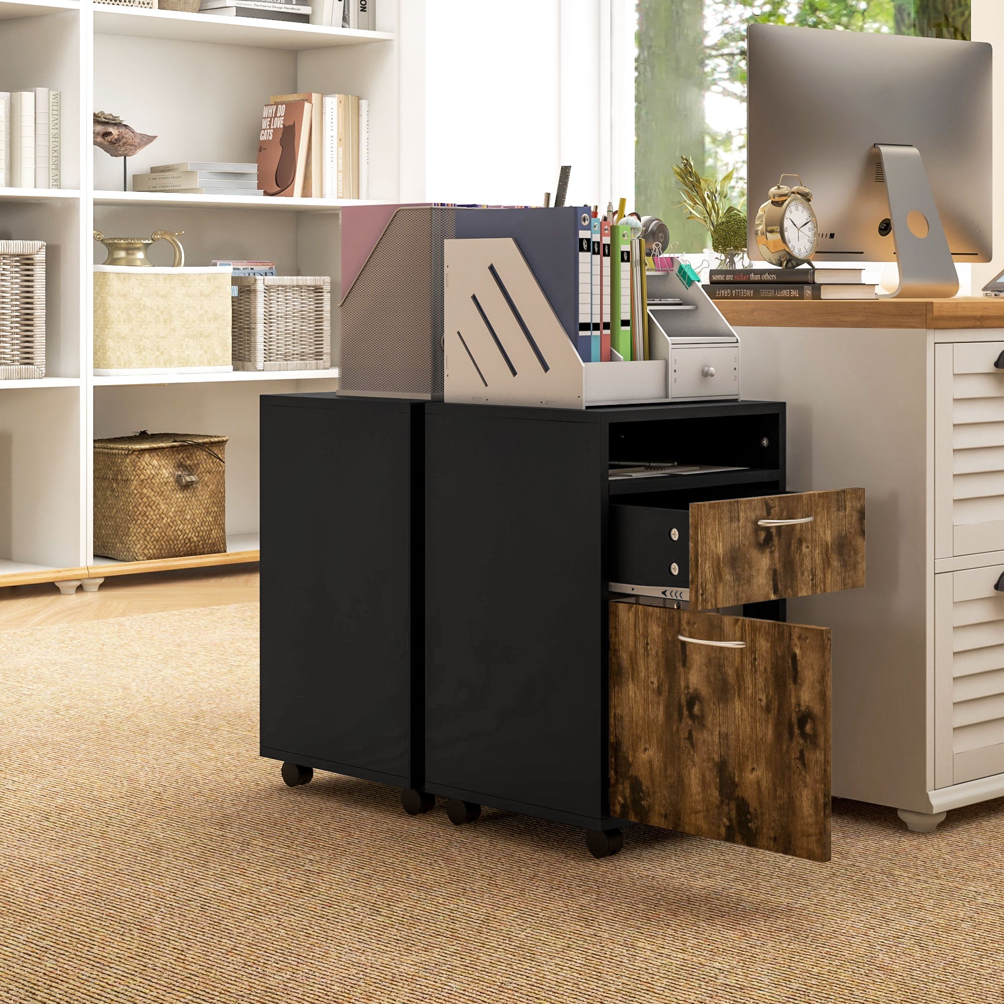 Office Document Holder Chest of Drawers with 4 Wheels, Open Shelf and 2 Drawers, Wooden and Metal Office Cabinet, 40x35x60 cm, Brown and Black