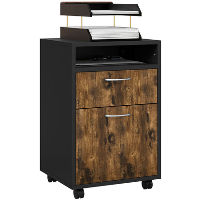 Office Document Holder Chest of Drawers with 4 Wheels, Open Shelf and 2 Drawers, Wooden and Metal Office Cabinet, 40x35x60 cm, Brown and Black