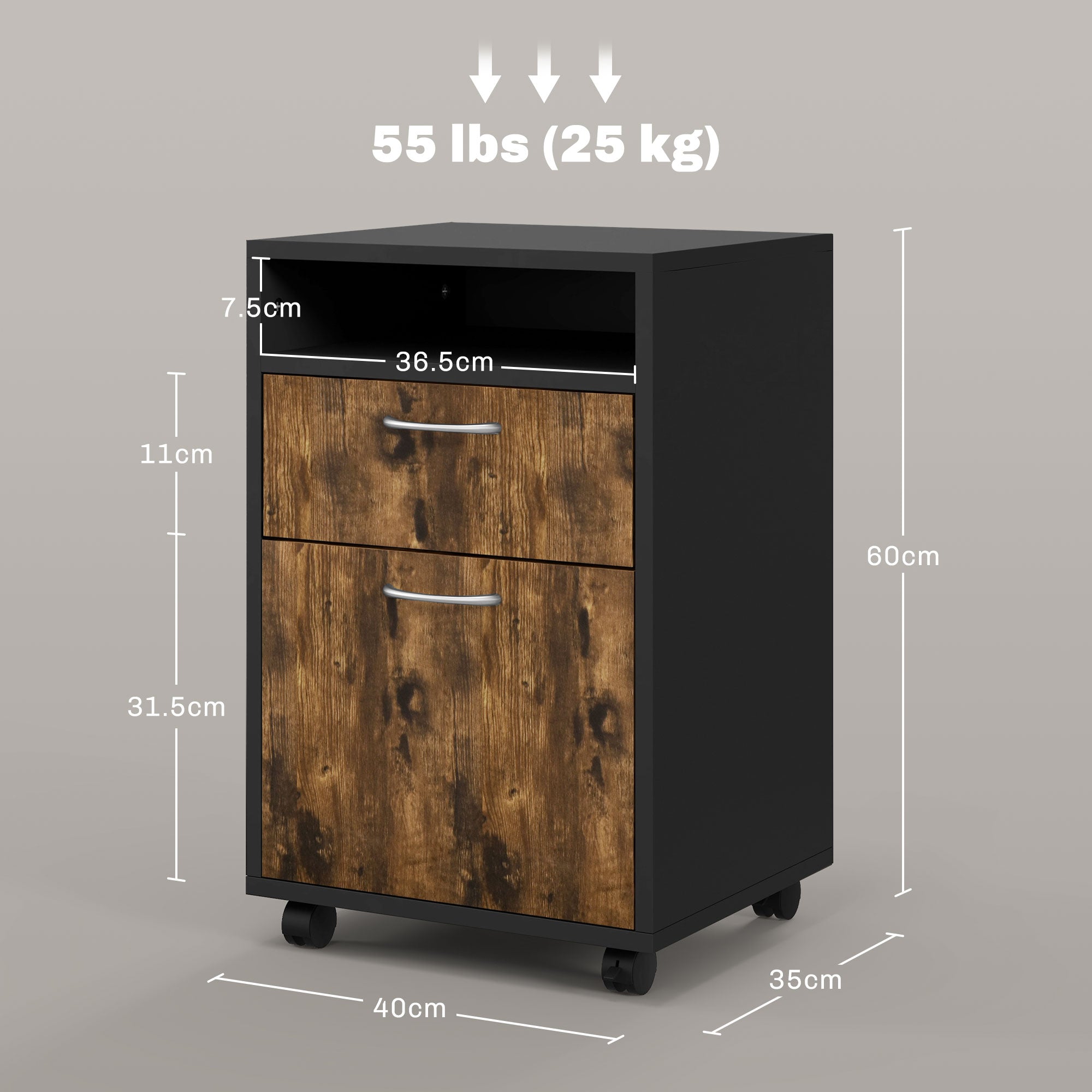 Office Document Holder Chest of Drawers with 4 Wheels, Open Shelf and 2 Drawers, Wooden and Metal Office Cabinet, 40x35x60 cm, Brown and Black