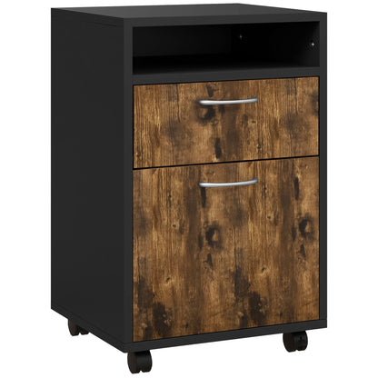 Office Document Holder Chest of Drawers with 4 Wheels, Open Shelf and 2 Drawers, Wooden and Metal Office Cabinet, 40x35x60 cm, Brown and Black