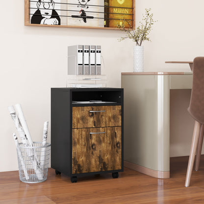Office Document Holder Chest of Drawers with 4 Wheels, Open Shelf and 2 Drawers, Wooden and Metal Office Cabinet, 40x35x60 cm, Brown and Black