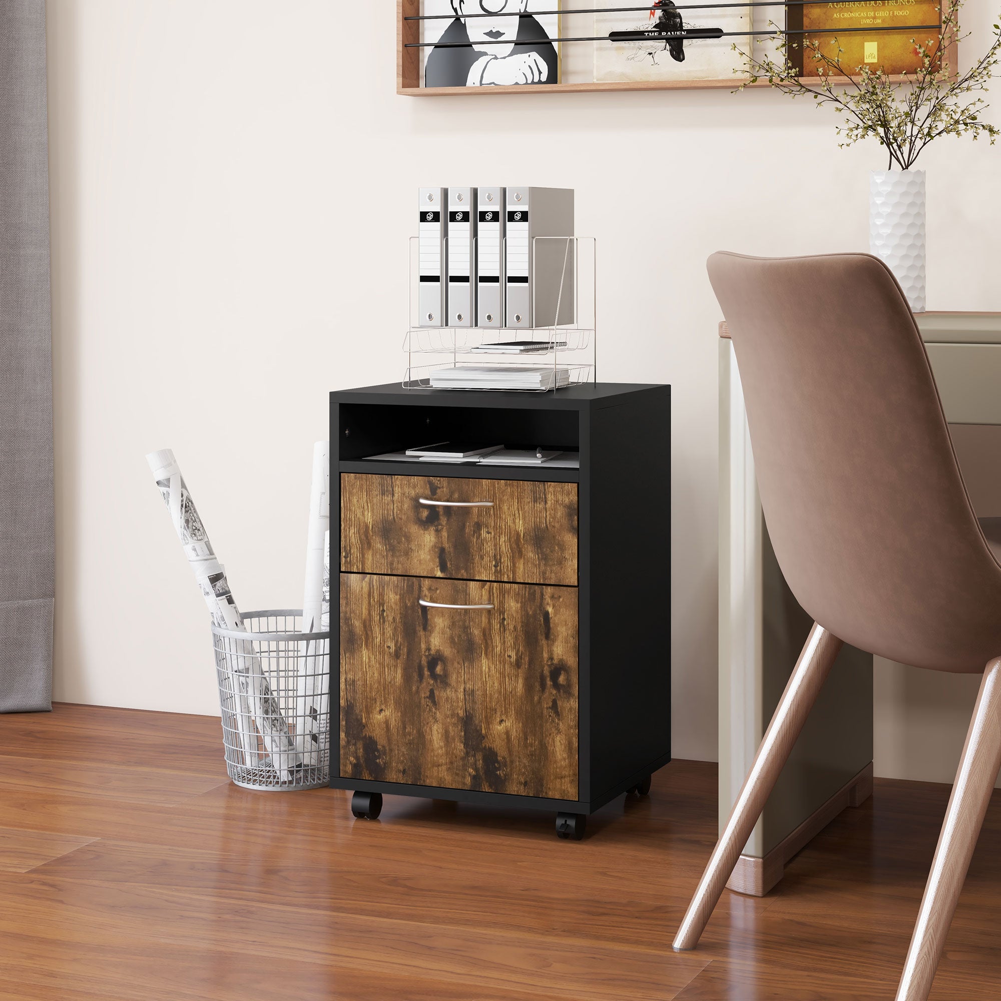 Office Document Holder Chest of Drawers with 4 Wheels, Open Shelf and 2 Drawers, Wooden and Metal Office Cabinet, 40x35x60 cm, Brown and Black