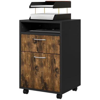 Office Document Holder Chest of Drawers with 4 Wheels, Open Shelf and 2 Drawers, Wooden and Metal Office Cabinet, 40x35x60 cm, Brown and Black