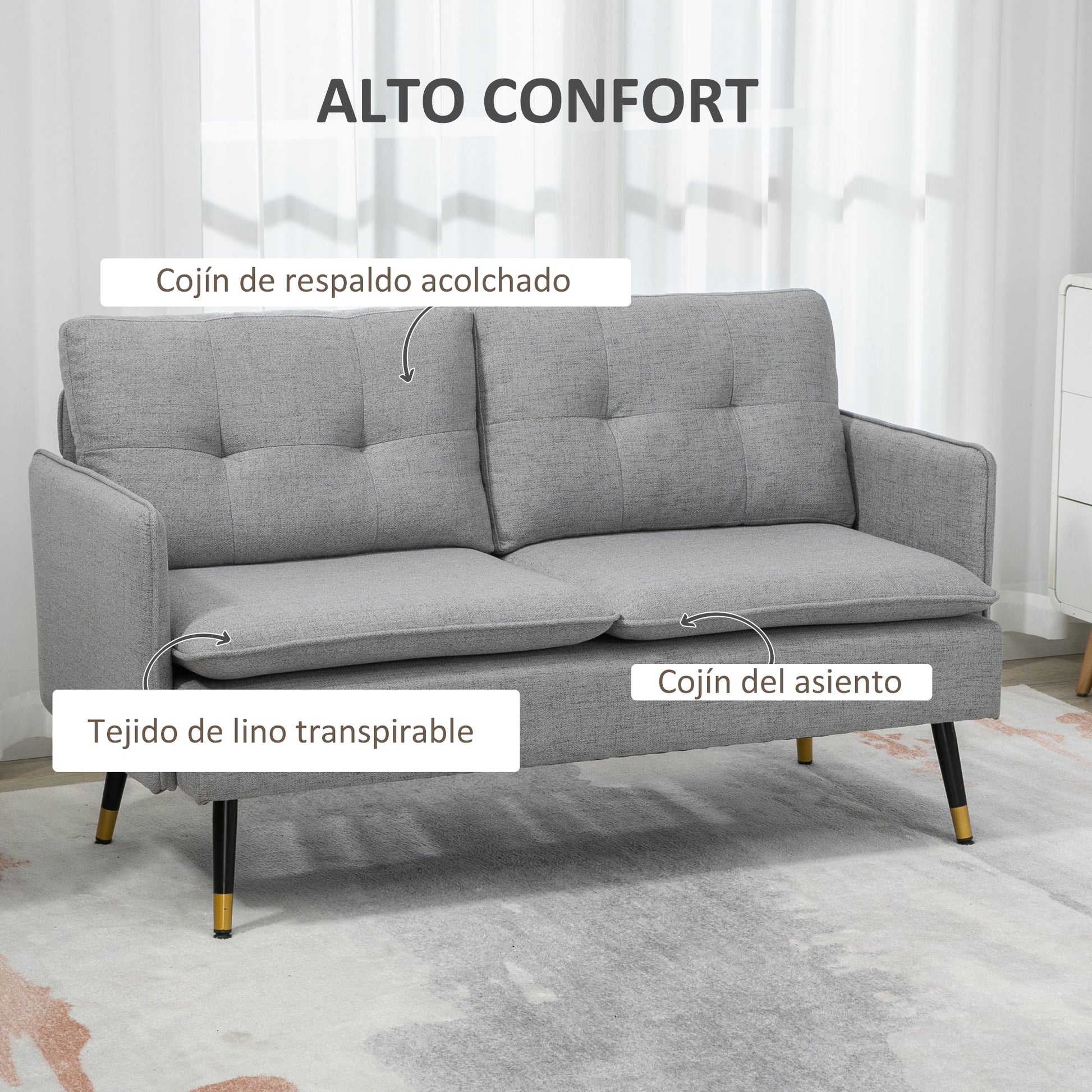 2-Seater Sofa Upholstered in Linen with Cushions Armrests and Steel Legs for Bedroom Office Load 240kg 139x68x80 cm Gray