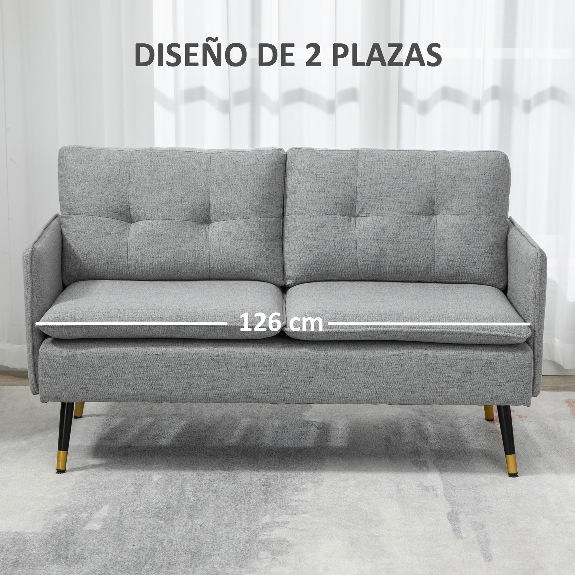 2-Seater Sofa Upholstered in Linen with Cushions Armrests and Steel Legs for Bedroom Office Load 240kg 139x68x80 cm Gray