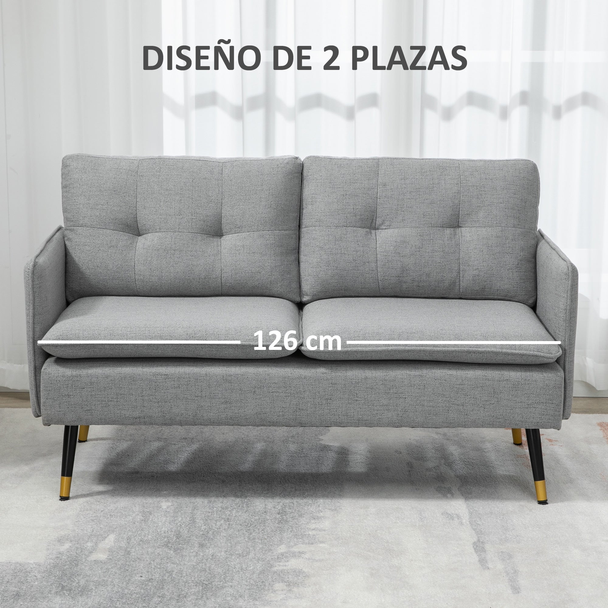 2-Seater Sofa Upholstered in Linen with Cushions Armrests and Steel Legs for Bedroom Office Load 240kg 139x68x80 cm Gray