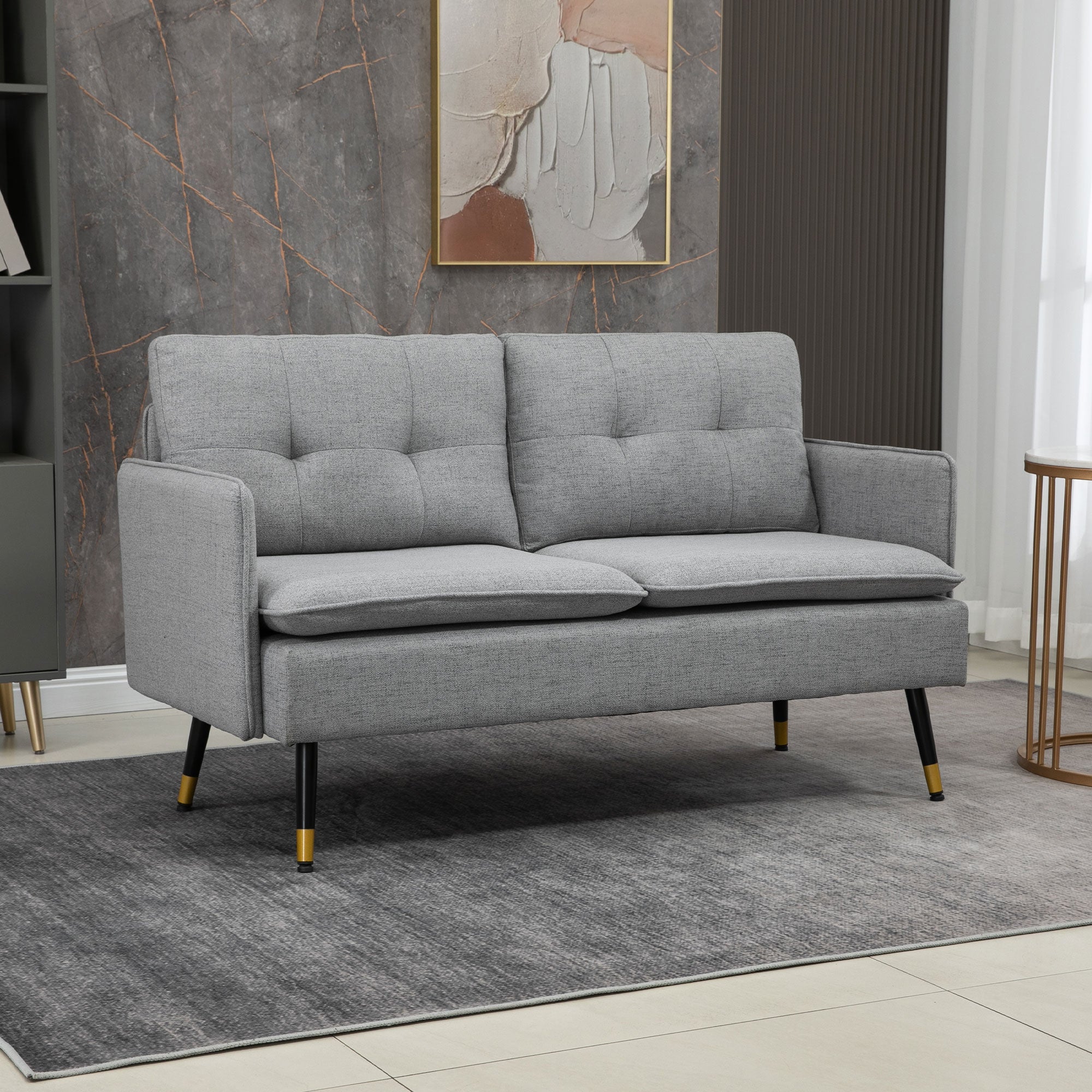 2-Seater Sofa Upholstered in Linen with Cushions Armrests and Steel Legs for Bedroom Office Load 240kg 139x68x80 cm Gray