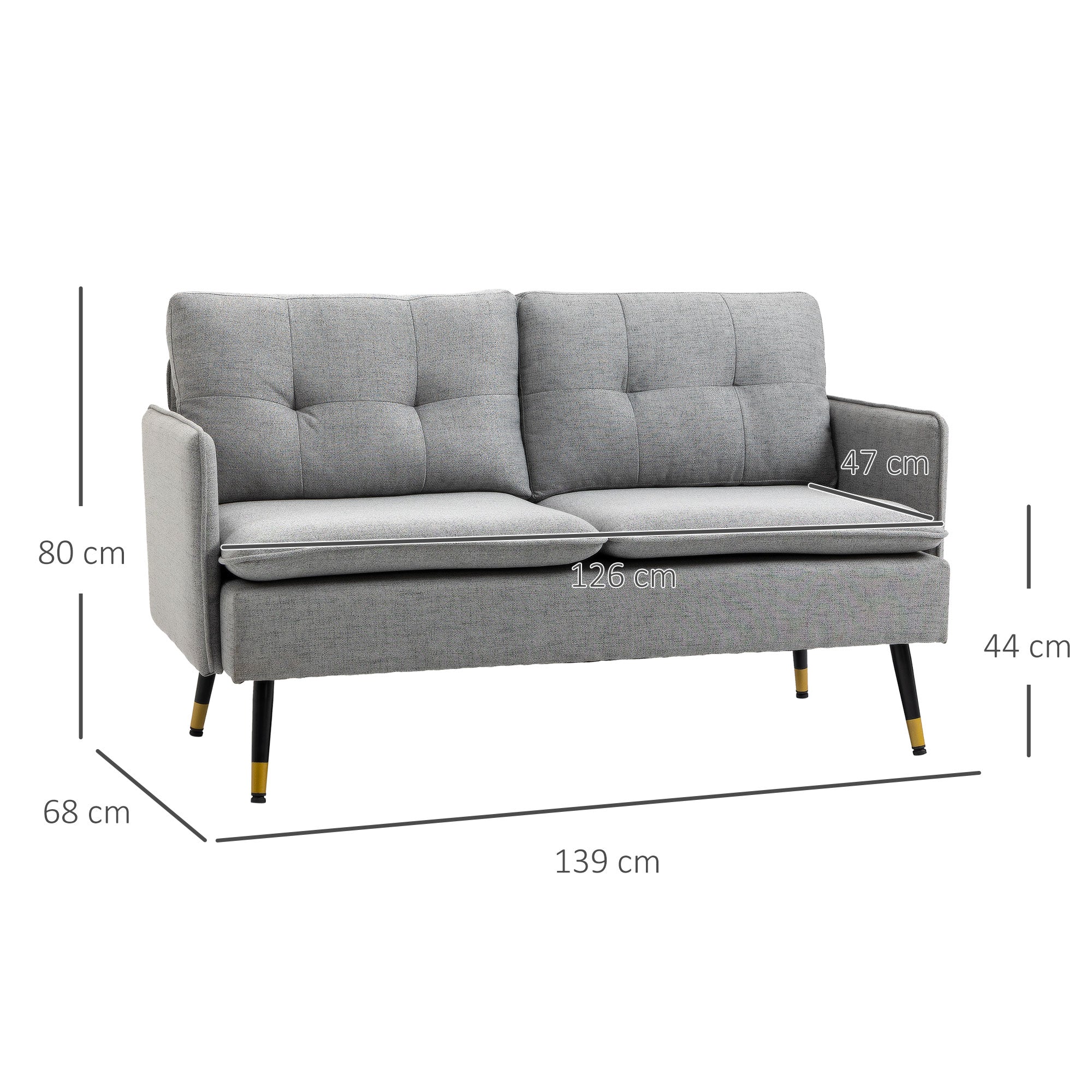2-Seater Sofa Upholstered in Linen with Cushions Armrests and Steel Legs for Bedroom Office Load 240kg 139x68x80 cm Gray