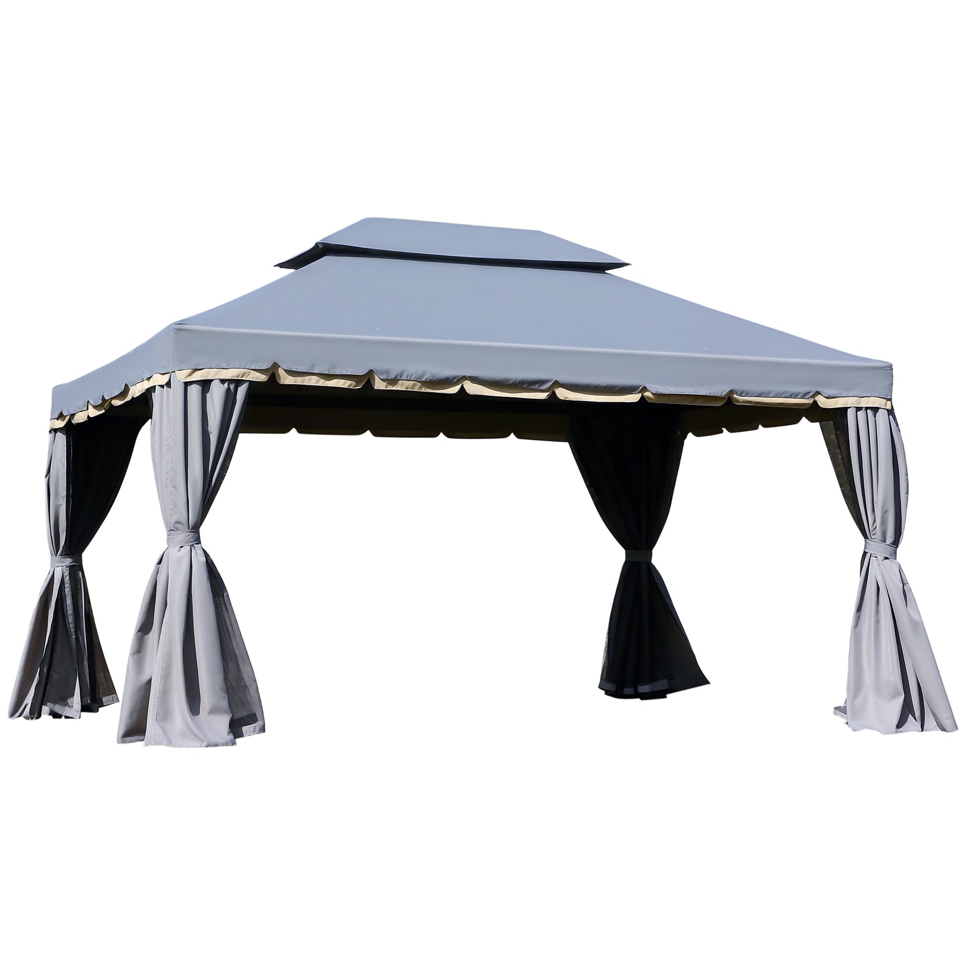 Garden Gazebo 4x3m Aluminum Gazebo with Ventilated Roof, 4 Side Curtains, 4 Mosquito Nets, and 8 Drainage Holes for Outdoor Parties Events Gray