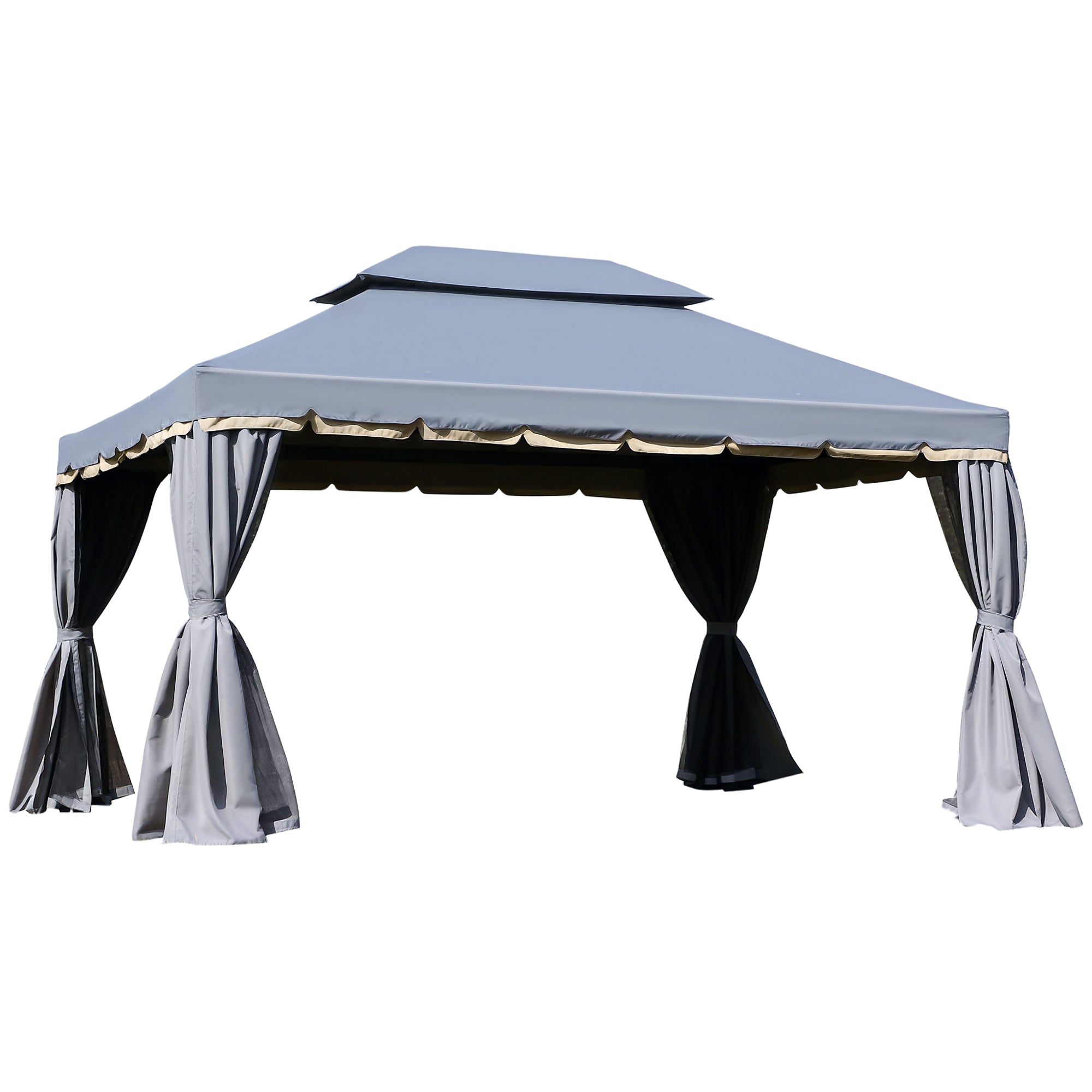 Garden Gazebo 4x3m Aluminum Gazebo with Ventilated Roof, 4 Side Curtains, 4 Mosquito Nets, and 8 Drainage Holes for Outdoor Parties Events Gray