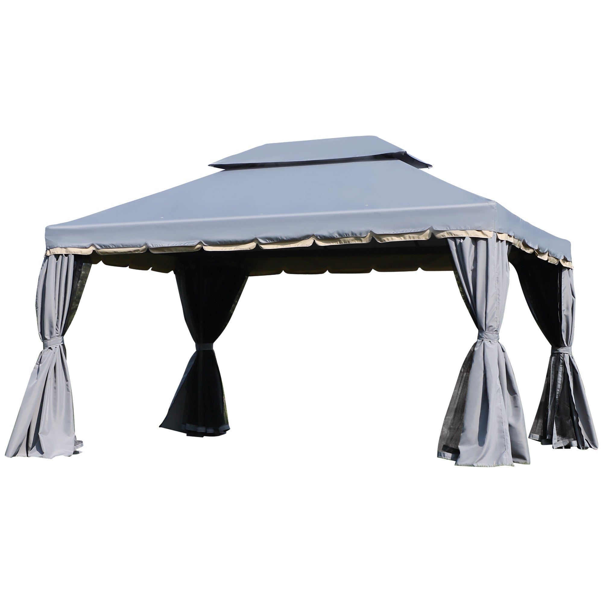 Garden Gazebo 4x3m Aluminum Gazebo with Ventilated Roof, 4 Side Curtains, 4 Mosquito Nets, and 8 Drainage Holes for Outdoor Parties Events Gray