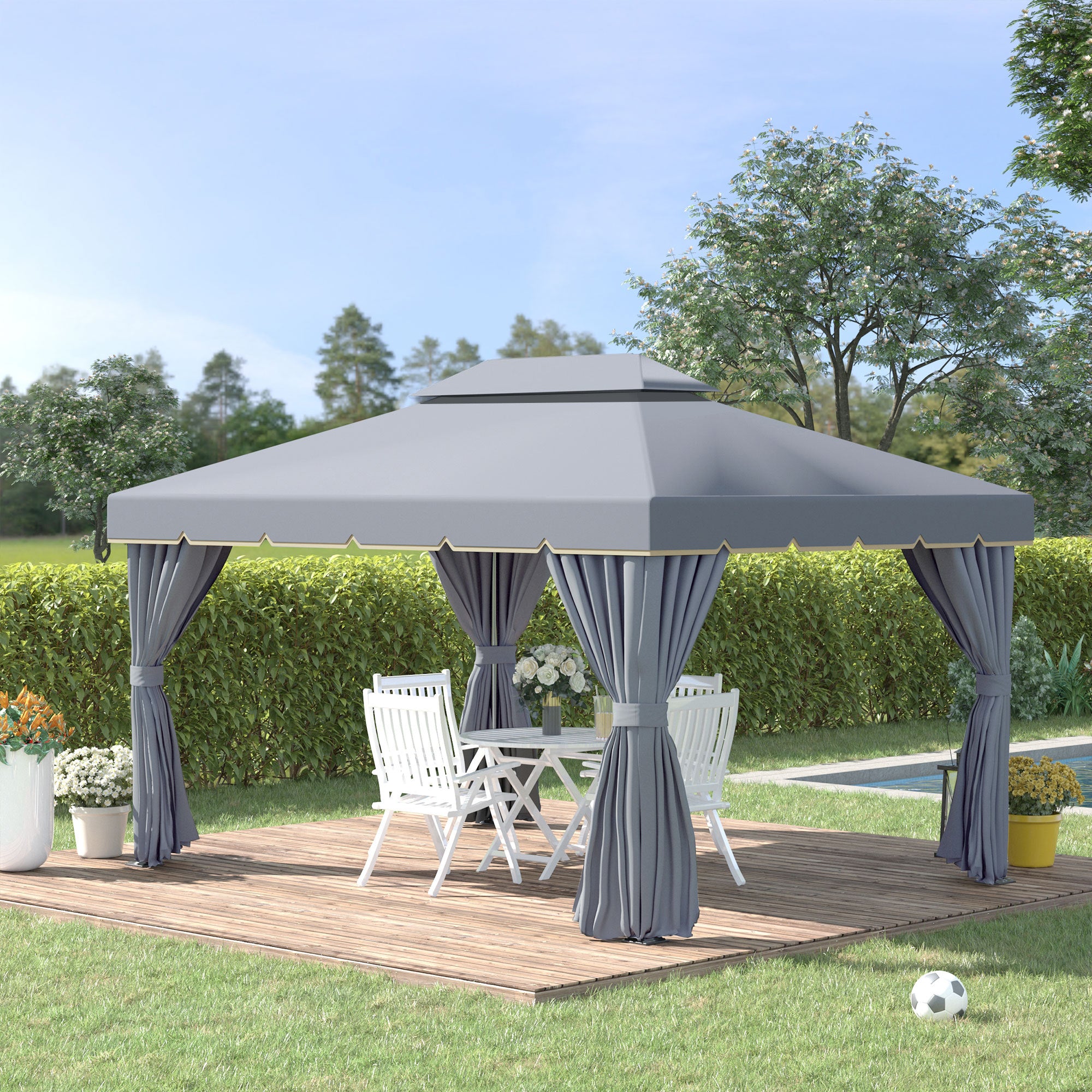 Garden Gazebo 4x3m Aluminum Gazebo with Ventilated Roof, 4 Side Curtains, 4 Mosquito Nets, and 8 Drainage Holes for Outdoor Parties Events Gray